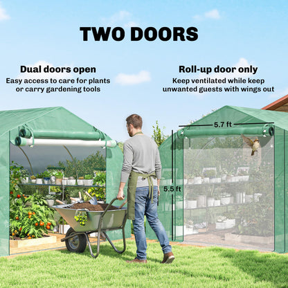 Outsunny 10'x11'x6' Walk-in Tunnel Greenhouse with Shelves, Mesh Door and Windows, Plant Hot House with PE Cover, Outdoor Green House for Patio Lawn Garden, Green