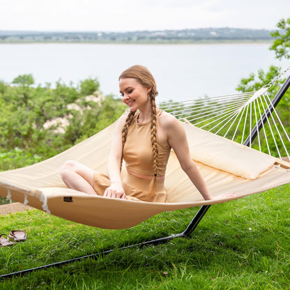 SUNCREAT Double Outdoor Hammock with 15 ft Stand, Standing Patio Hammocks for Outside, Beige