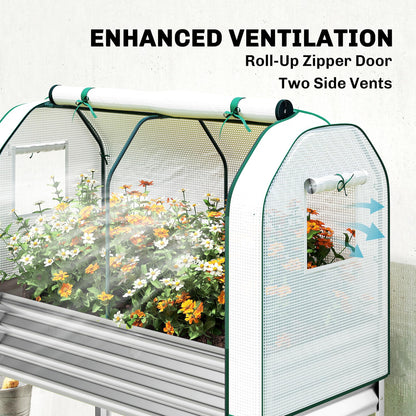 Outsunny Galvanised Raised Garden Bed with Greenhouse Cover, Metal Elevated Garden Bed with Legs, Bed Liner and Bottom Shelf, Outdoor Raised Planter Box for Vegetables, Herbs, Flowers, Silver