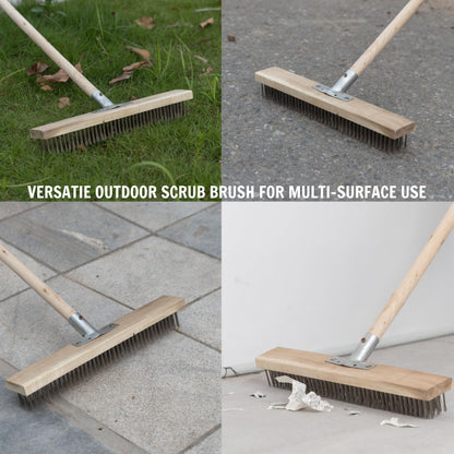 BMart Home Stainless Steel Deck Scrub Brush Broom with Long Handle -Scrubber Brush with Pole, Stiff Metal Bristle Brush for Removing Weed Moss Outdoor Floor Scrub Brush for Patio, Deck, Garden