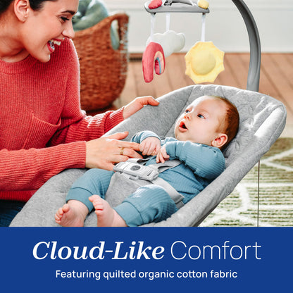 Chicco Float Baby Bouncer Seat, Quilted Organic Cotton Seat Pad, Included Toy bar with Plush Toys, Cloud/Grey