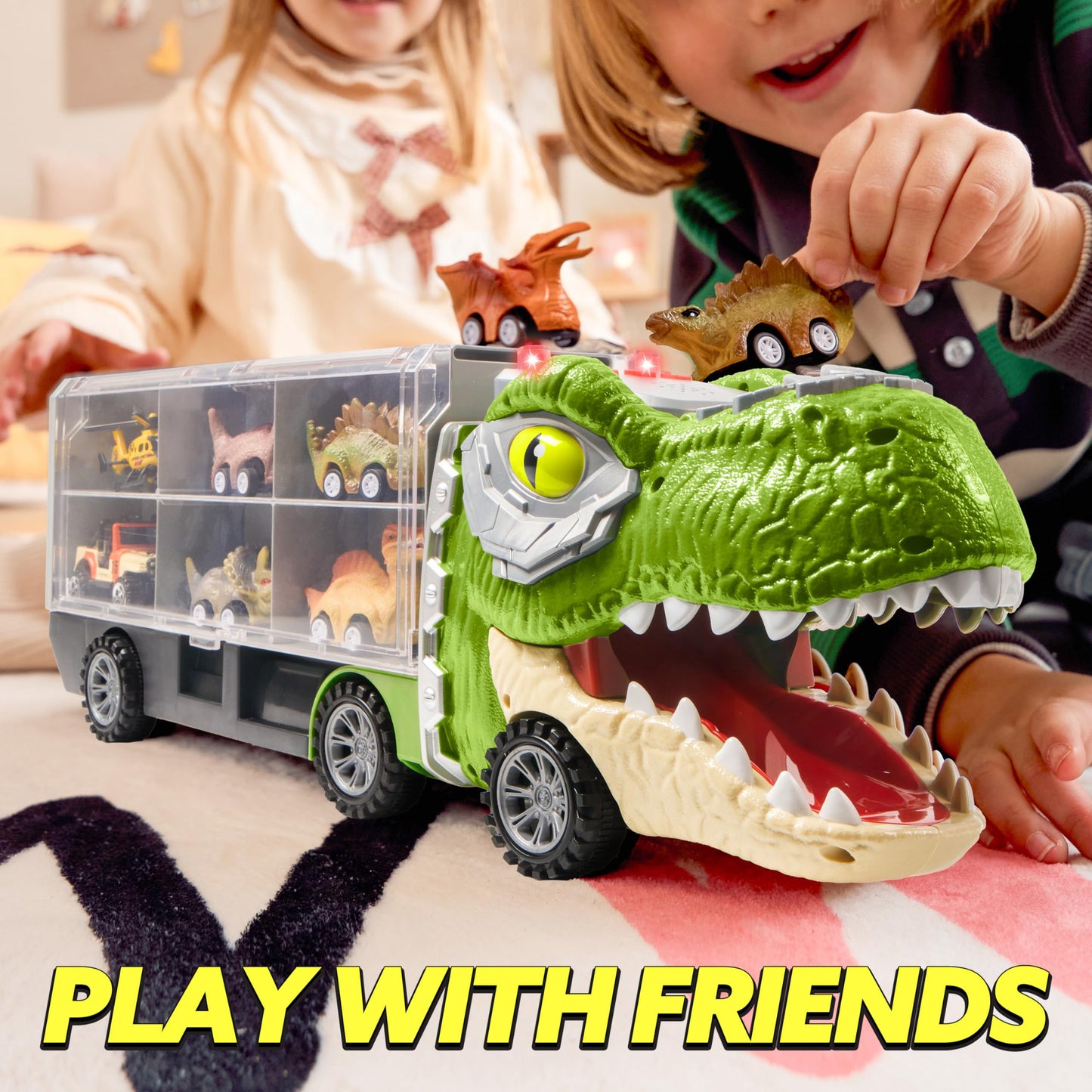 JOYIN 13 in 1 Dinosaur Toys for Kids 3-5, Transport Dinosaur Carrier Truck with 12 Pull Back Cars, Toddler Toys 3-4， Birthday Gifts for 3 4 5+ Year Old Boys