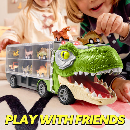JOYIN 13 in 1 Dinosaur Toys for Kids 3-5, Transport Dinosaur Carrier Truck with 12 Pull Back Cars, Toddler Toys 3-4， Birthday Gifts for 3 4 5+ Year Old Boys