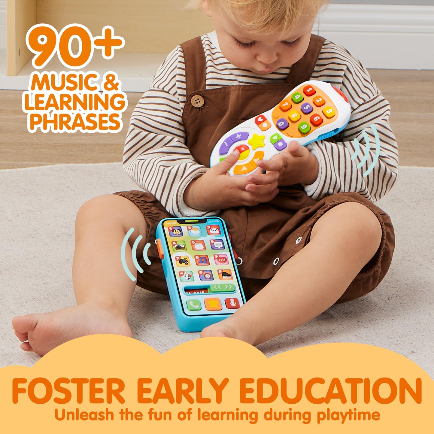JOYIN Upgraded Toy Phone and Remote Control Set, 90+ Music and Learning Phrases, Baby Toys 6-12 Months, Toddler Birthday Gifts for 1 2 3+ Year Old Girs Boy