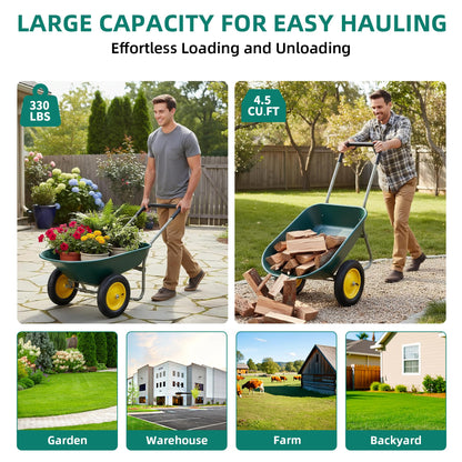 Ultym 2 Wheel Wheelbarrow, Dual-Wheel Garden Dump Cart with 13" Non-Slip Pneumatic Tires & Ergonomic Padded Handle, Heavy-Duty Home Utility Yard Cart Wagon with 4.5 Cu Ft Capacity for Lawn, Gardening