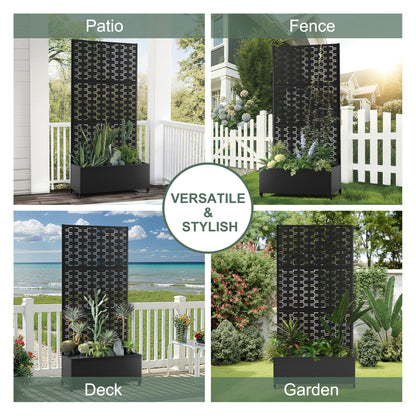 PolarcoForgeco Planter Box with Trellis and Wheels, Metal Privacy Screen with Garden Beds Outdoor for Climbing Plants, Standing Planter Boxes with Drainage Holes (35" L×16" W×71" H, Black Rectangle)