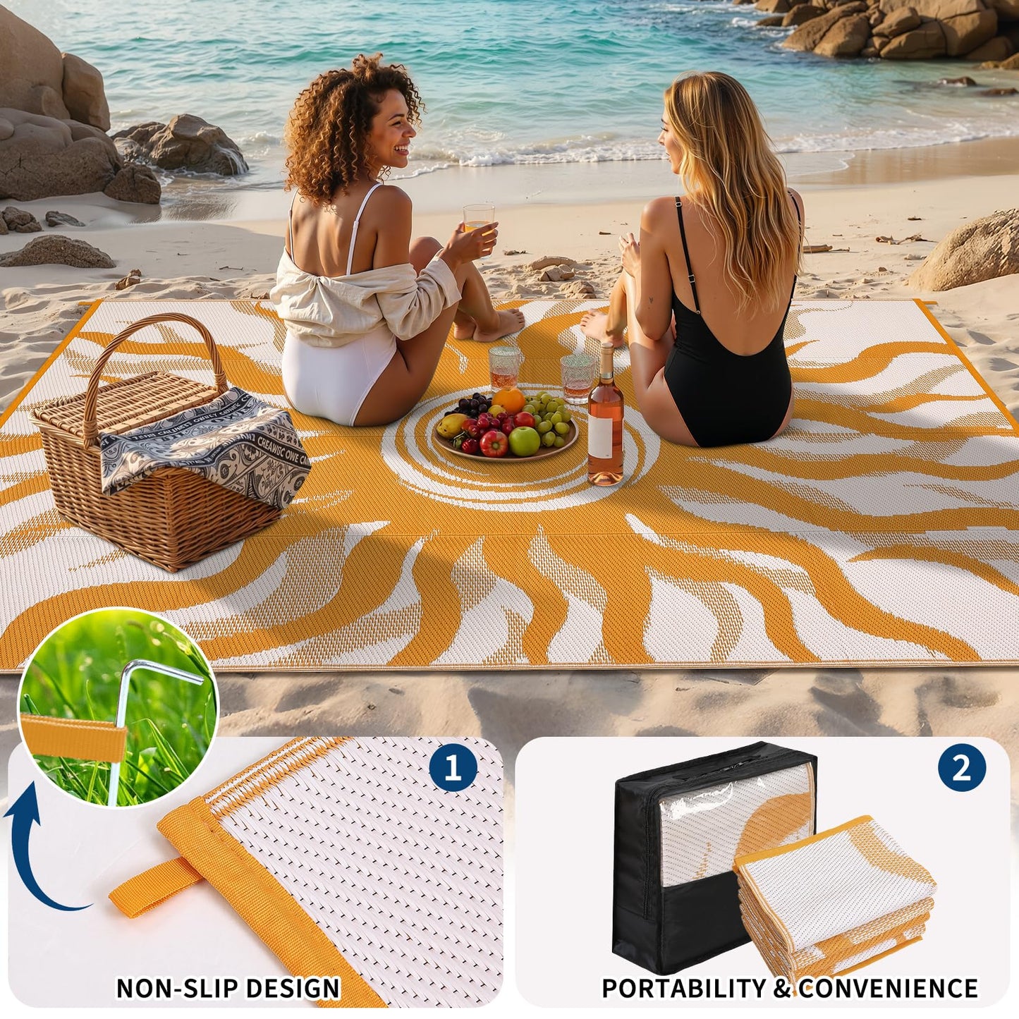 Garvee Outdoor Rug 8x10 Waterproof Patio Rugs with Boho Sun Pattern, Reversible Plastic Straw Camping Rugs Outdoor Indoor RV Mat Carpet for Deck, Backyard, Picnic, Porch, Balcony, Beach, Orange