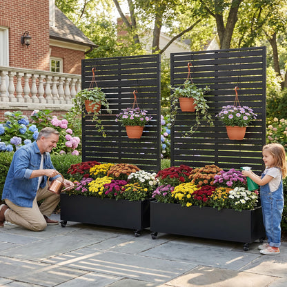 Wooakway 72" Raised Garden Bed with Trellis and Wheels, 52 Gal Metal Planter Box Privacy Screen for Outdoor Patio, Balcony and Backyard, Mobile Vertical Planter for Climbing Plants, Vines, Ivy, Black