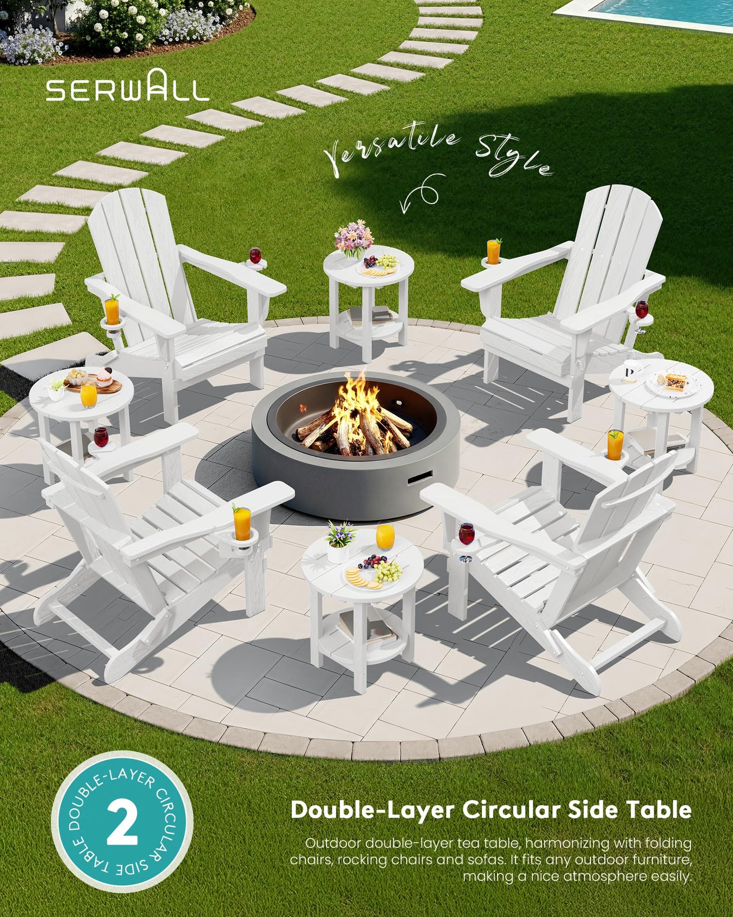 SERWALL Round Outdoor Side Table, HDPE Small Adirondack End Table,2-Tier Patio Side Table for Backyard Pool Porch Garden Lawn, White