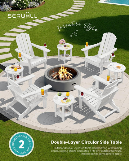 SERWALL Round Outdoor Side Table, HDPE Small Adirondack End Table,2-Tier Patio Side Table for Backyard Pool Porch Garden Lawn, White