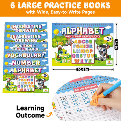 LUVORA Magic Grooved Writing Practice for Kids Ages 3-8, Reusable Handwriting Practice Books Set (6 Books) with Disappearing Ink Pens, Letter/Number Tracing, Preschool & Kindergarten Learning Kit