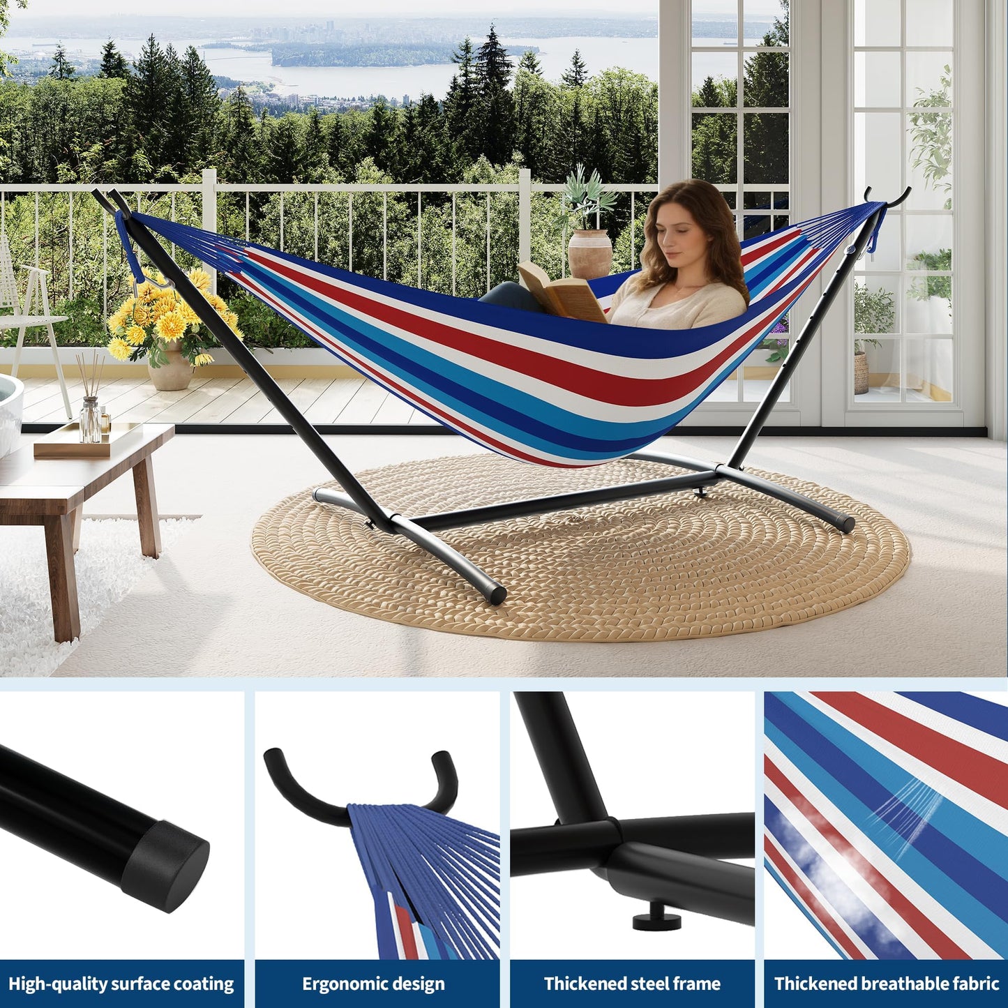 Double Hammocks with Stand for Outside, Portable Space Saving Heavy-Duty Steel Stand for Indoor Outdoor Patio with Carrying Bag, 450 lbs Capacity