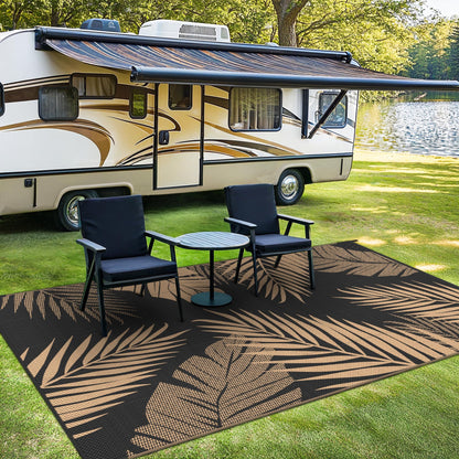 sarben Outdoor Rug 10’x14’ Waterproof for Patio Clearance, Reversible Indoor Outdoor Plastic Straw Camping Rug Carpet, RV Mat, Large Area Rug for Deck, Backyard, Balcony, Porch, Beach, Black & Brown