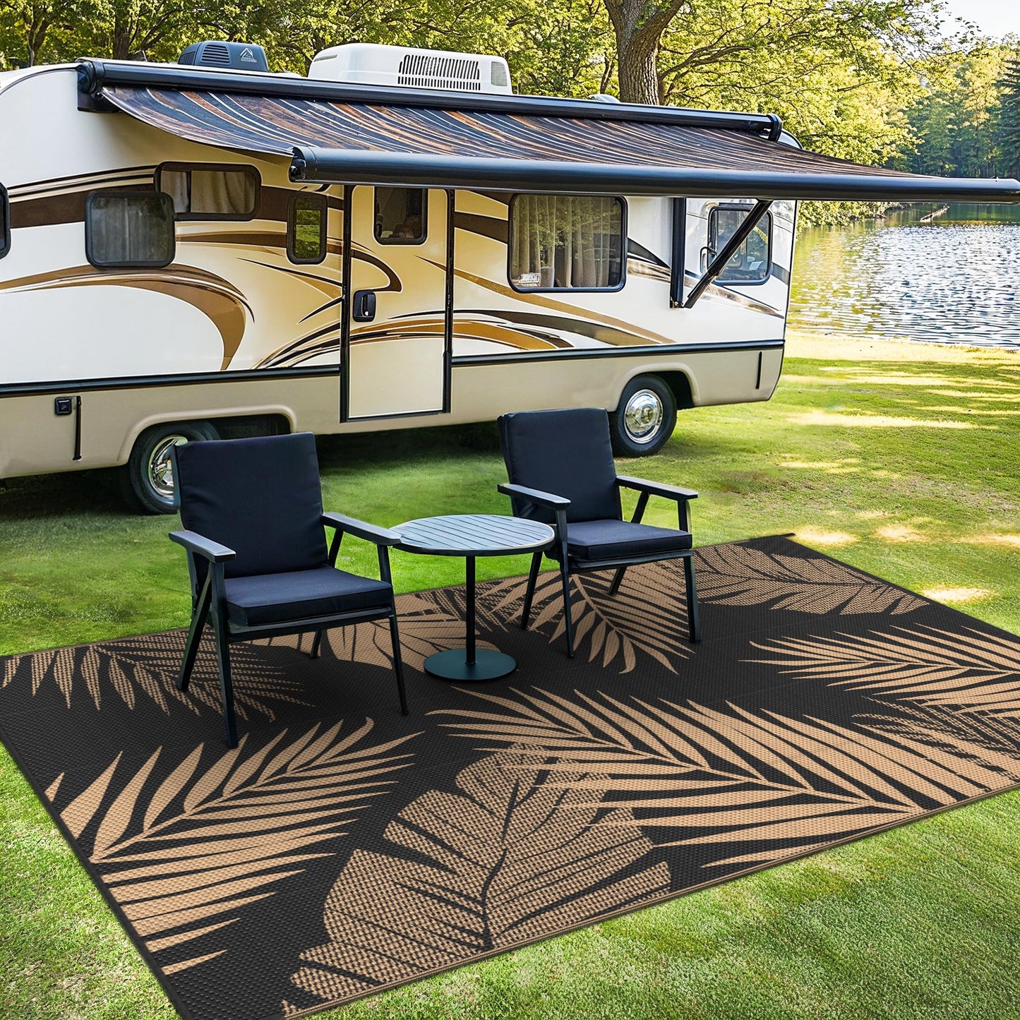 sarben Outdoor Rug 8’x10’ Waterproof for Patio Clearance, Reversible Indoor Outdoor Plastic Straw Camping Rug Carpet, RV Mat, Large Area Rug for Deck, Backyard, Balcony, Porch, Beach, Black & Brown