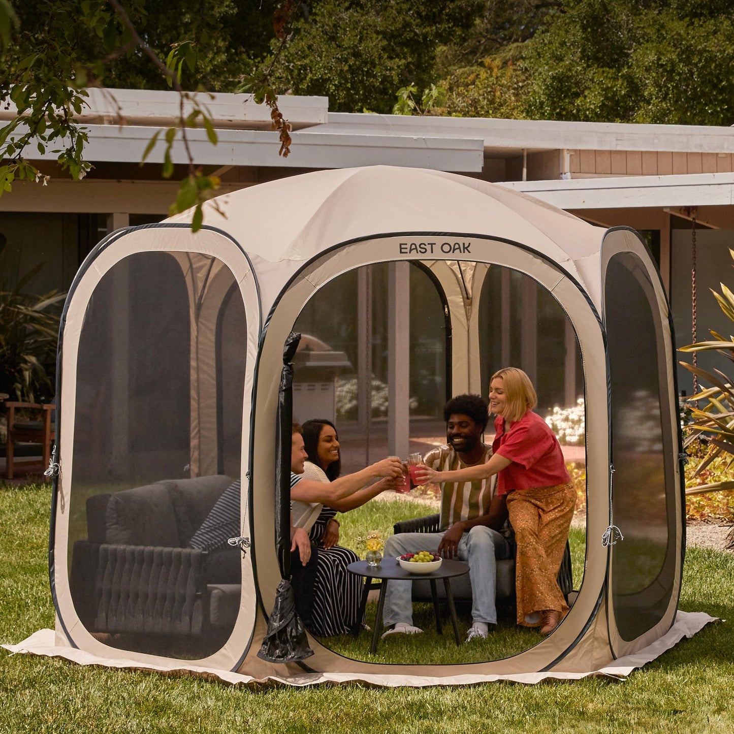 East Oak Screen House Tent Pop-Up, Portable Screen Room Canopy Instant Screen Tent 10 x 10 FT with Carry Bag for Patio, Backyard, Deck & Outdoor Activities, Beige