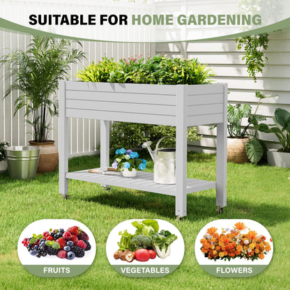 WTFGO Raised Garden Bed with Wheels, Divisible Resin Planter Box with Drainage Gauge & Storage Shelf, Herb Planter for Garden Patio Backyard, Ashen (33.7" h)