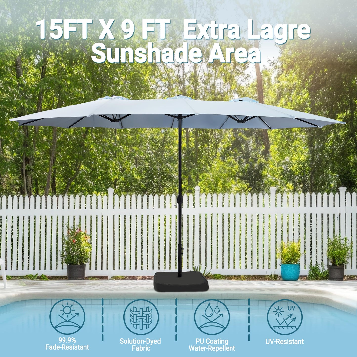 Bigroof 15ft Patio Umbrella with Base, Large Outdoor Double-Sided Market Umbrella with Terylene Polyester Fabric and Crank for Poolside Garden Deck Backyard Beach Pools, Light Blue