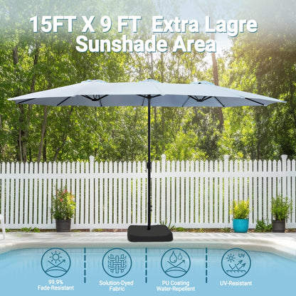 Bigroof 15ft Patio Umbrella with Base, Large Outdoor Double-Sided Market Umbrella with Terylene Polyester Fabric and Crank for Poolside Garden Deck Backyard Beach Pools, Light Blue