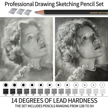 Qionew Professional Sketching Pencil for Drawing,14 Pack, Graphite Pencils, (12B-5H), Art Pencils for Drawing and Shading, Sketching, Ideal for Beginners & Pro Artists