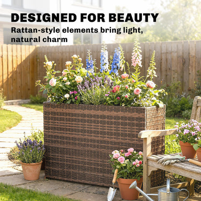 Outsunny Tall Rectangular Planter with Removable Liner, PE Wicker Large Planters for Outdoor Plants, Freestanding Indoor Outdoor Planter Box with Drainage Holes for Flowers, Vegetables, Brown