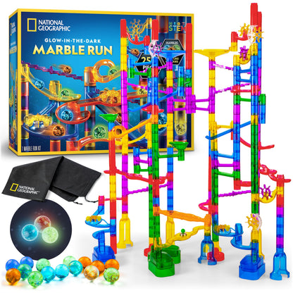 NATIONAL GEOGRAPHIC Glowing Marble Run – 250 Piece Construction Set with 50 Glow in The Dark Glass Marbles & Storage Bag, STEM Gifts for Boys and Girls, Building Project Toy (Amazon Exclusive)
