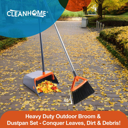 CLEANHOME Heavy Duty Outdoor Broom and Dustpan Set with Long Handle, Standing Dustpan & Split-End Bristles for Patio, Garage, Deck, Leaves Debris Cleaning