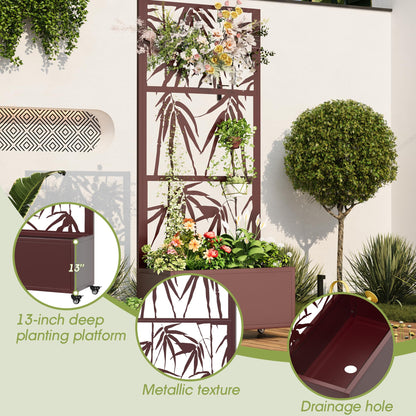 UPHYB Metal Planter Box with Trellis, 71"x 35"x 16" Raised Garden Bed with Trellis, Planter Box Trellis with Privacy Screen, Drainage Holes and 4 Lockable Wheels, Brown, Bamboo Style