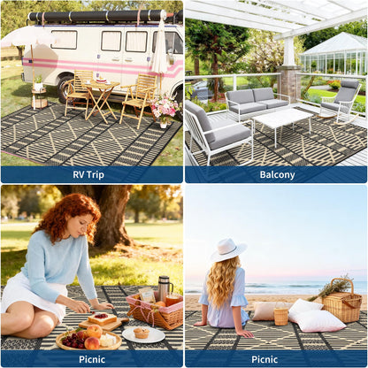 IDEALHOUSE 9x18 Ft Outdoor Rug 320GSM PP Woven Double Sided Same Pattern Waterproof Geometric Patio Mat for Backyard Deck Porch Camping Picnic Beach, Black Coffee