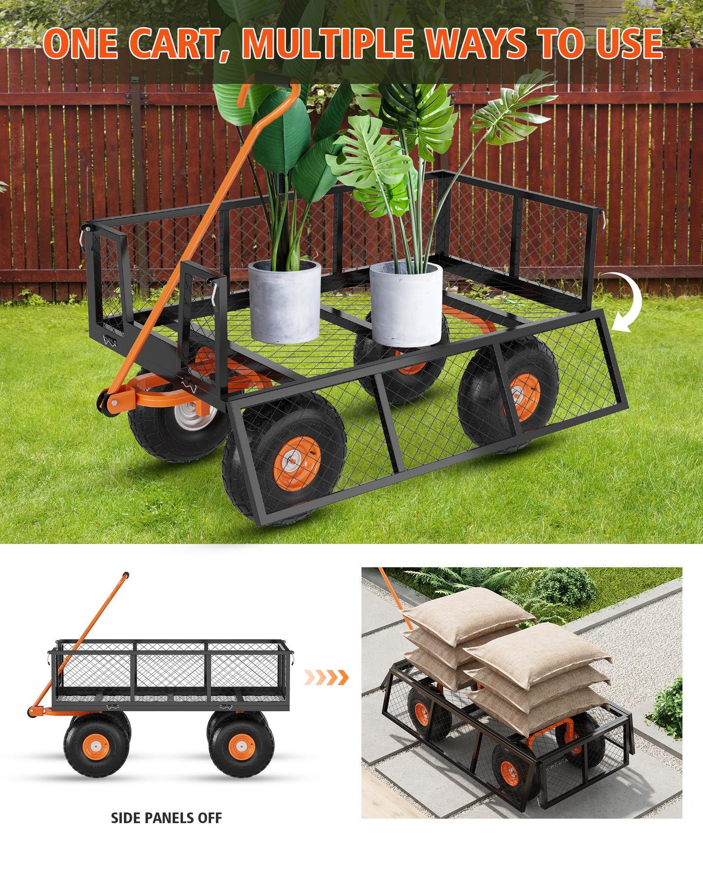GarveeLife Heavy Duty Steel Garden Cart, 900 LBS Capacity 3 in 1 Pullable Garden Wagon with 10 in Wheels, for Gardening Soil, Tools, and Plant Transport