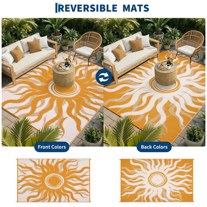 Garvee Outdoor Rug 8x10 Waterproof Patio Rugs with Boho Sun Pattern, Reversible Plastic Straw Camping Rugs Outdoor Indoor RV Mat Carpet for Deck, Backyard, Picnic, Porch, Balcony, Beach, Orange