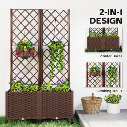 Outsunny Planter Box with Trellis, Self Watering Raised Garden Bed with Lockable Wheels, 56.3" Trellis Privacy Planter with Drainage Holes for Climbing Plants, Vines, Vegetables, Flowers, Brown