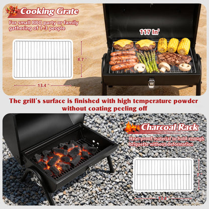 Portable Charcoal Grill with Thermometer, HaSteeL Small Tabletop Barbecue Grill Smoker for Outdoor Camping Backyard Beach BBQ, 117 Square Inches Cooking Area, Thick Steel, Screwdriver, Black