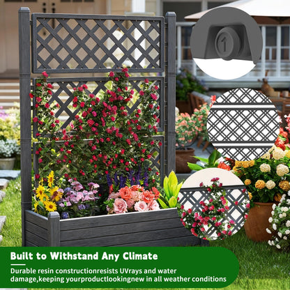 GYMHILL Elevated Raised Garden Bed with Trellis, 21 Gallon Self-Watering Outdoor Resin Planter Box with Lockable Wheels Drain Plug & Water Monitor for Plants Vegetables Flowers Fruits (Black)