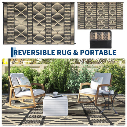 IDEALHOUSE 9x18 Ft Outdoor Rug 320GSM PP Woven Double Sided Same Pattern Waterproof Geometric Patio Mat for Backyard Deck Porch Camping Picnic Beach, Black Coffee