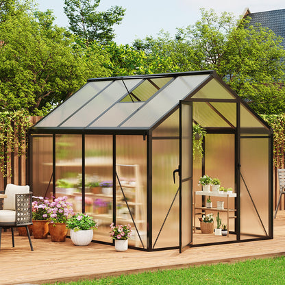 6X8 Ft Polycarbonate Greenhouse Sunroom with Aluminum Frame, Outdoor Greenhouse for Vegetables Herbs Flowers, Lockable Door & Adjustable Roof Vent, Patio Backyard Greenhouse Kit for Gardening, Black