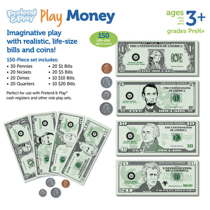Learning Resources Pretend Play Money - Math Manipulatives For Kids, Kids Bank, Plastic Coins, Cash Register, Toddler , Homeschool Supplies, Fine Motor Skills, Teaching Set Manipulatives