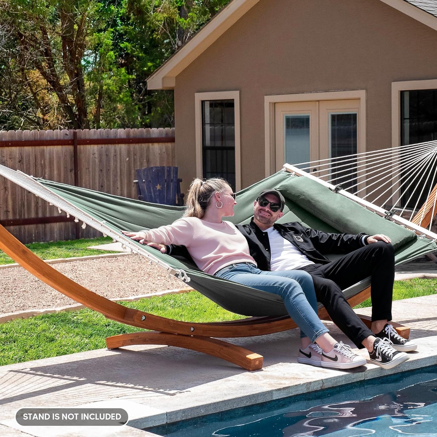 SUNCREAT Double Hammock for 2 Person, Extra Large Outdoor Portable Hammock with Hardwood Spreader Bar, Soft Pillow, 475 lbs Capacity, Gray Green