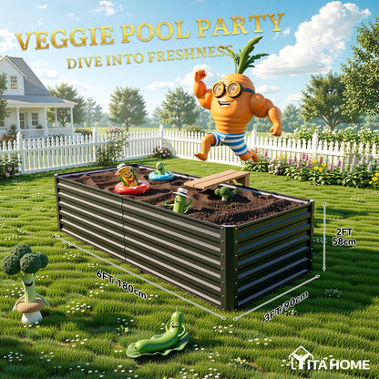 YITAHOME 6x3x2ft Large Raised Garden Bed Kit, Galvanized Metal Planter Box with Gloves, Support Rod, Outdoor Above Ground Planters for Plants, Vegetables, Flowers, Black