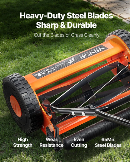 VEVOR Push Reel Lawn Mower 14 inch, 5 Blades Manual Push Mower No Motor, 0.6-1.75 in Adjustable Cutting Height, Walk-Behind Lawn Mowers with Grass Catcher Bag for Green Lawns, Driveways, Courtyards