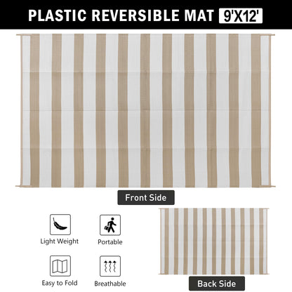 PureCozy Outdoor Waterproof Patio Rug 9x12 Plastic Straw Reversible Lightweight Outside Beige Striped Large Carpet Outdoor for Camping RV Porch Deck Balcony Beach