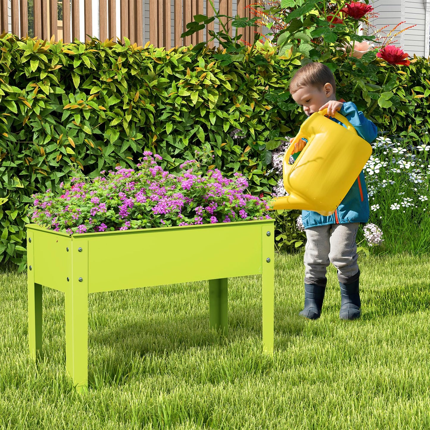 Giantex Raised Garden Bed, Metal Planter Box with Legs, Drain Hole, Outdoor Indoor Elevated Garden Box for Vegetable Flower Herb Fruit, Standing Raised Beds for Backyard Porch Balcony Green