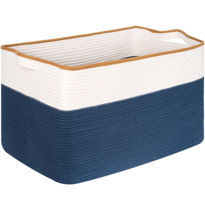 MINTWOOD Design 22in Extra Large Blanket Basket Holder Living Room, Rectangle Rope Woven Storage Basket with Handles for Laundry, Pool Towels, and Shoes, Dog Toy Organizer Bin Box, Prussian Blue