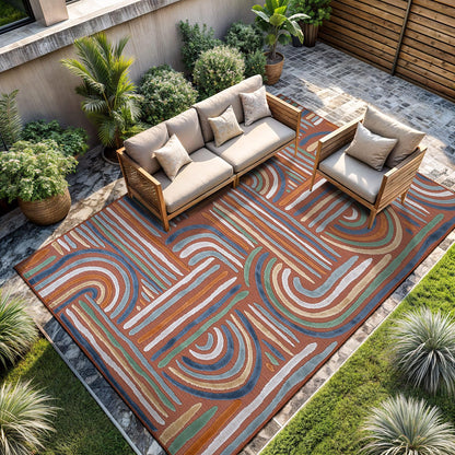 CAMILSON Indoor Outdoor Rug, Orange 6x9 Geometric Arch Striped Area Rugs for Patio and Home Areas, Easy-Cleaning Non-Shedding Living Room, Garden and Deck Washable Outside Carpet (6 x 9)