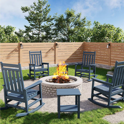 Garvee HDPE Rocking Chair Outdoor Set of 4 with 2 Side Table - Poly High Back Porch Rocker Chairs for Adults - All Weather Resistant Furniture for Patio Front Porch - Navy Blue