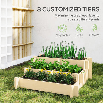 Outsunny 3-Tier Raised Garden Bed with 5 Compartments and Bed Liner, Fir Wood Elevated Planter Box, for Vegetables, Herbs, Outdoor Plants, 37 x 37 x 14in, Natural