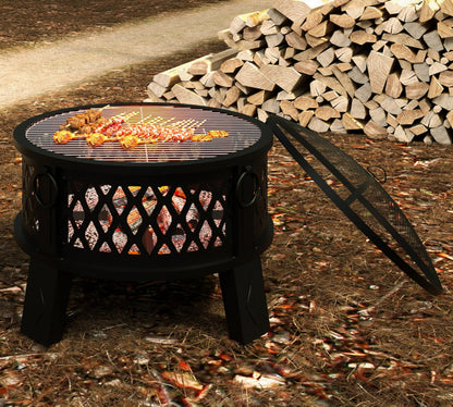 Fire Beauty 26" Steel Fire Pit with Grill & Diamond Mesh Design,360° Airflow Tech for 80% Less Smoke,XL Flames,Heavy-Duty Portable Outdoor Fire Bowl for Camping, Backyard, Beach (22lbs, 4 Handles)