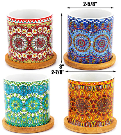 Yesland 4 Pack Succulent Plant Pots with Bamboo Tray, 3 Inch Ceramic Mandalas Pattern Cylinder Planter & Flower Pots with Drainage Hole, for Flowers, Cactus, Home, Garden, Office Decoration