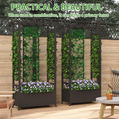 Sunnibety Raised Garden Bed with Trellis & Hanging Roof, Weatherproof Metal Planter Box with Wheels, Garden Arch Trellis for Outdoor Climbing Plants Vines Flowers, 74" H x 44" L x 17" W, Black