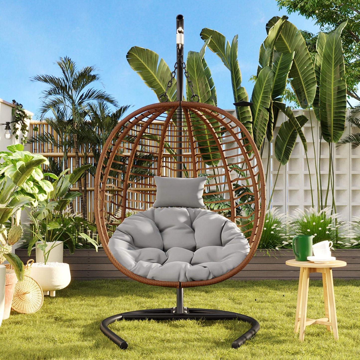GDFStudio Hammock Chair with Stand, Rattan Wicker Hanging Egg Chair with Cushion & Headrest, Iron Frame Folding Patio Hammock Swing Chair for Indoor Outdoor Balcony Porch Garden, 330 lbs, Brown+Gray