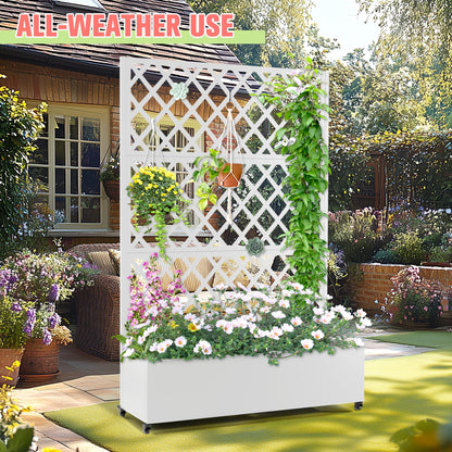 Metal Planter Box with Trellis, Raised Garder Bed with Drainage Hole, Privacy Screen & Trellis for Climbing Plants, Outdoor Plant Stands, 47''L×17''W×73''H, White